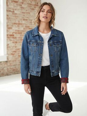 Lauren Ralph Lauren denim trucker jacket plaid cuffed women's size M flaw NWOT